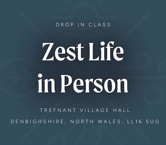 A blue sign that says zest life in person
