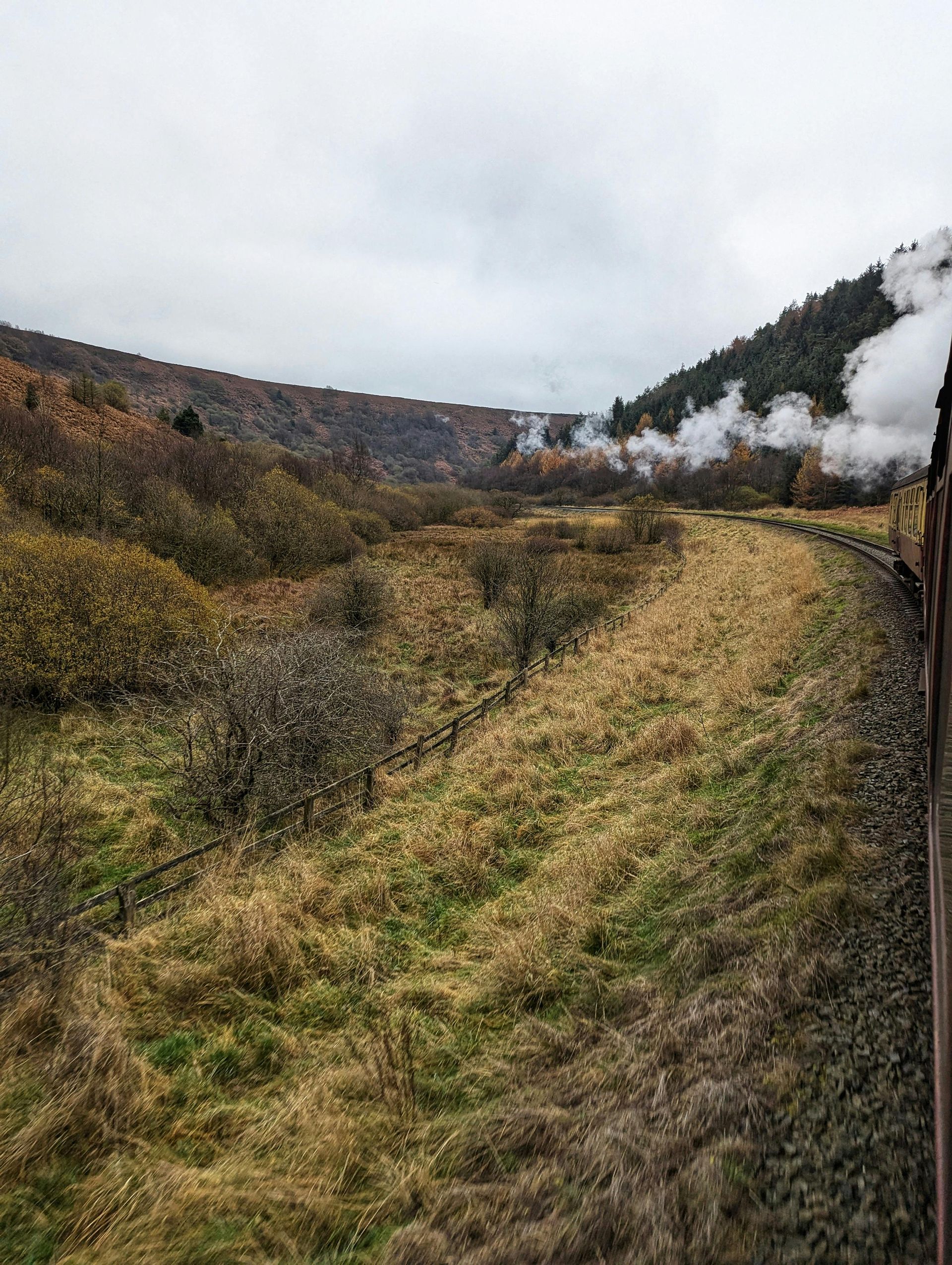 Train view of autumn landscape: valley with brown/yellow grass, trees, and cloudy sky. Steam visible.