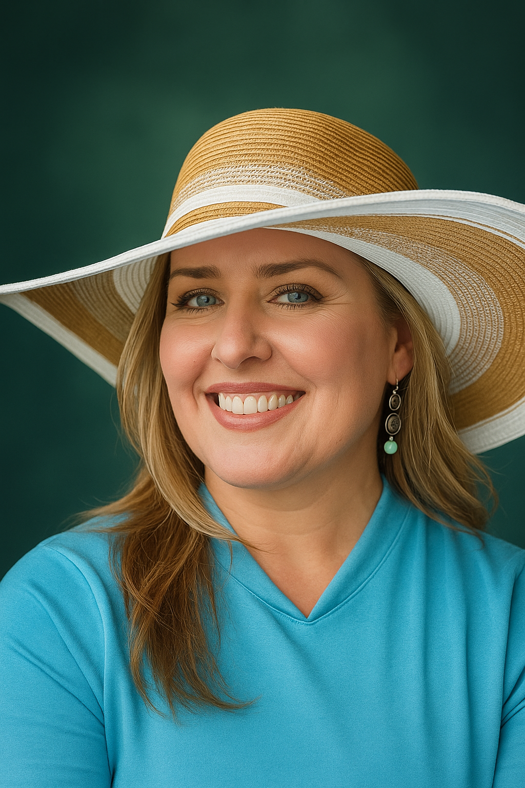 Woman wearing a large sun hat smiles, teal shirt, against a dark green backdrop.
