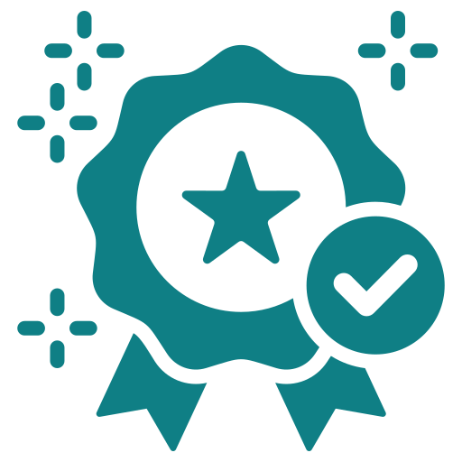 Teal award badge with star, checkmark, and sparkles.