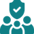 Teal shield with a checkmark above three teal silhouettes, symbolizing protection.