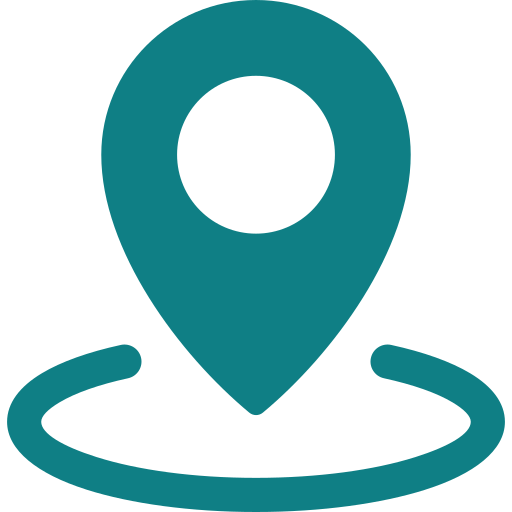 Teal location pin icon with a circular outline.