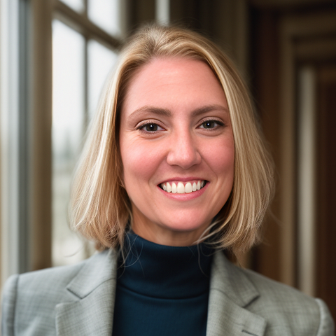 Picture of Katie Vigil. Female, smiling at the camera in front of a white brick background