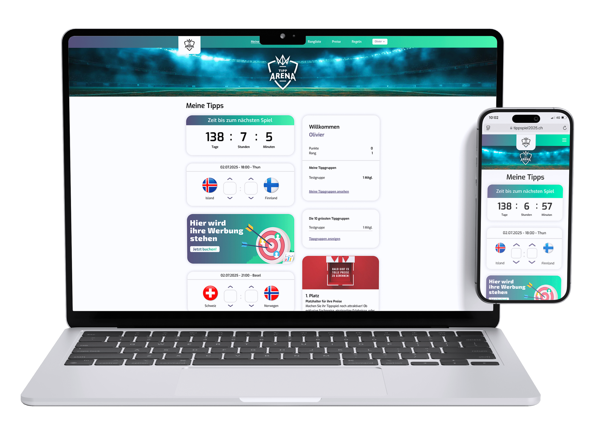 Ein Laptop und ein Mobiltelefon liegen nebeneinander auf einem weißen Hintergrund.