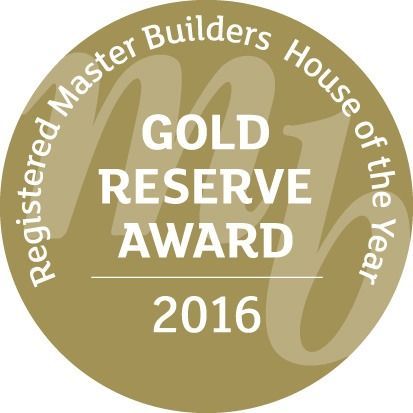 Gold Reserve Award badge from Registered Master Builders, 2016. Gold, circular, with "MB" logo.