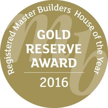Gold Reserve Award badge from Registered Master Builders, 2016. Gold, circular, with "MB" logo.