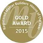 Gold Award from Registered Master Builders House of the Year 2015, golden seal with "MJ" logo.