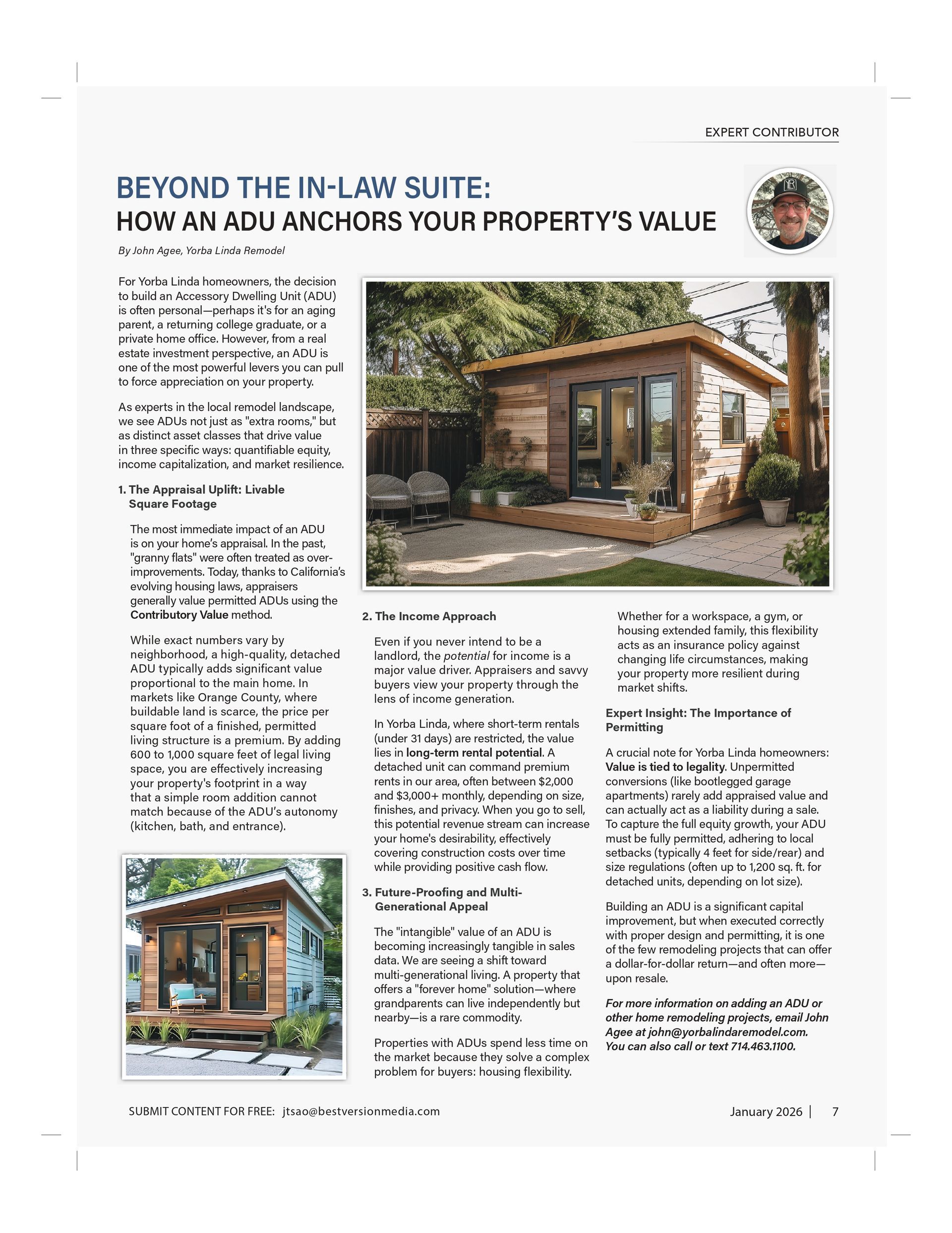 Article page with text and photos about Yorba Linda remodel, including a construction scene.