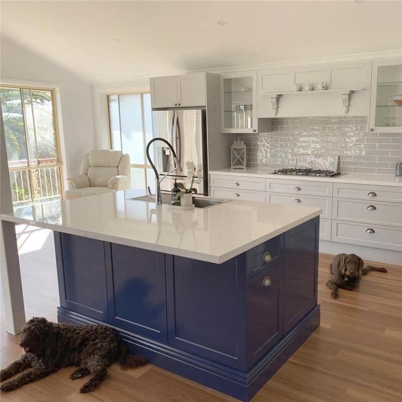 Two Dogs are Laying on the Floor in a Kitchen Next to a Blue Island — Kenross Kitchens In Gosford, NSW