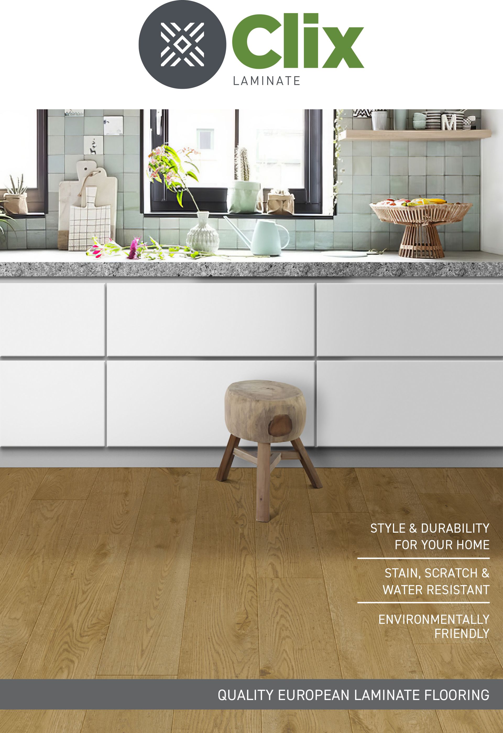 Clix laminate flooring sample in a kitchen setting. Beige flooring, white cabinets, and a stool.