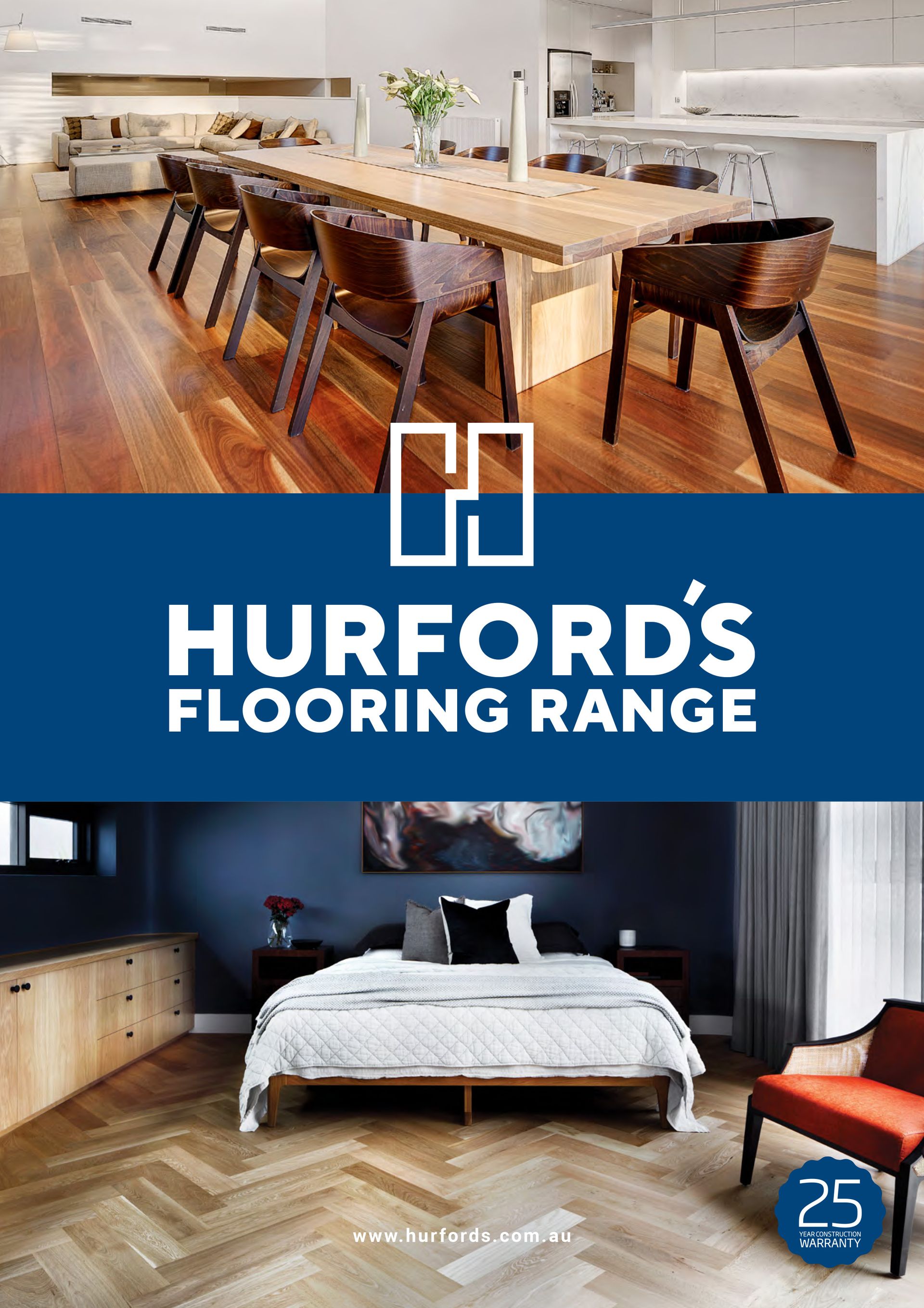 Hurford's Flooring Range ad: Kitchen and bedroom with hardwood flooring displayed. Blue banner with logo and text.