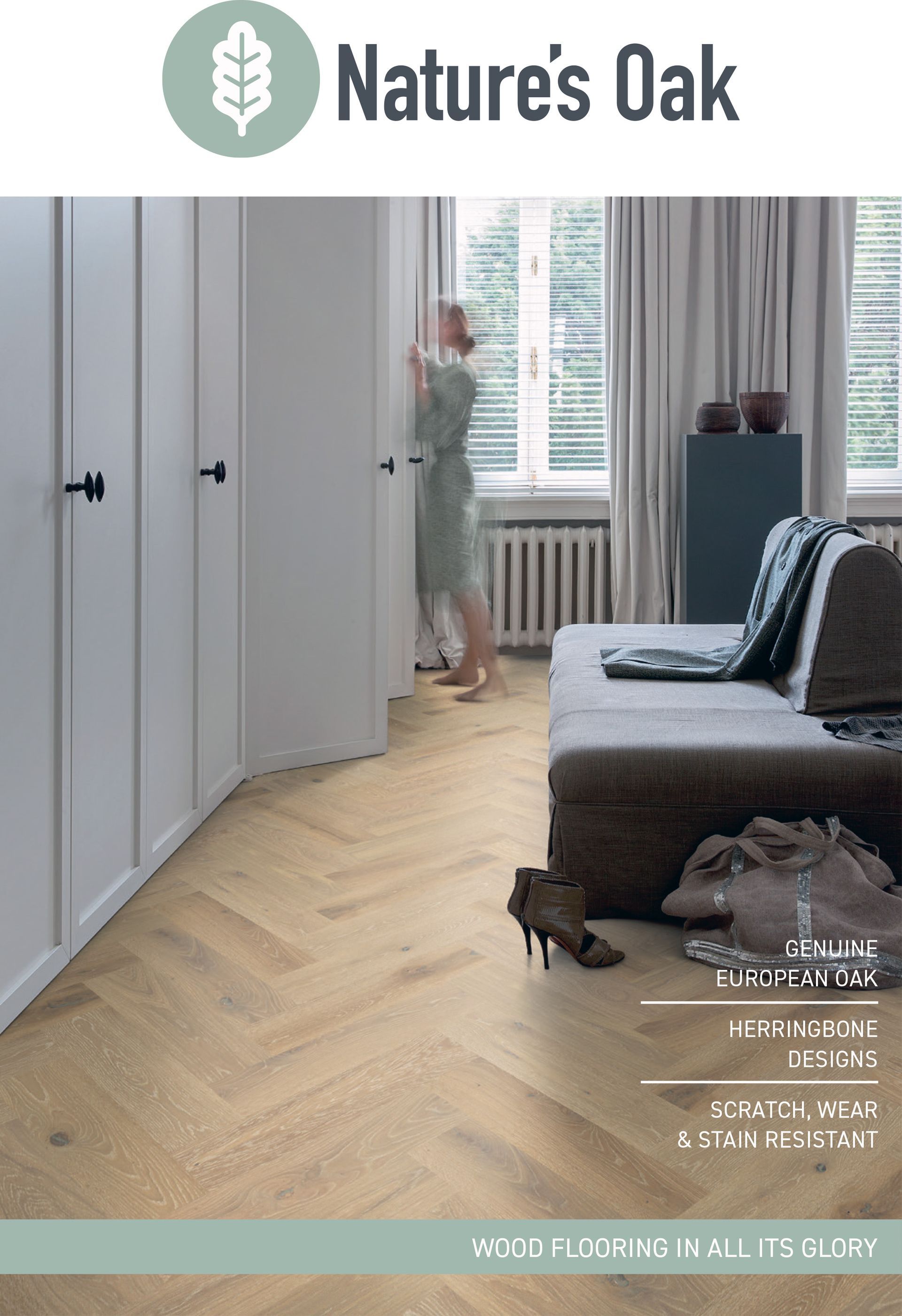 A brochure featuring Nature's Oak flooring. A woman in a room, light-colored wooden floor, white cabinets.