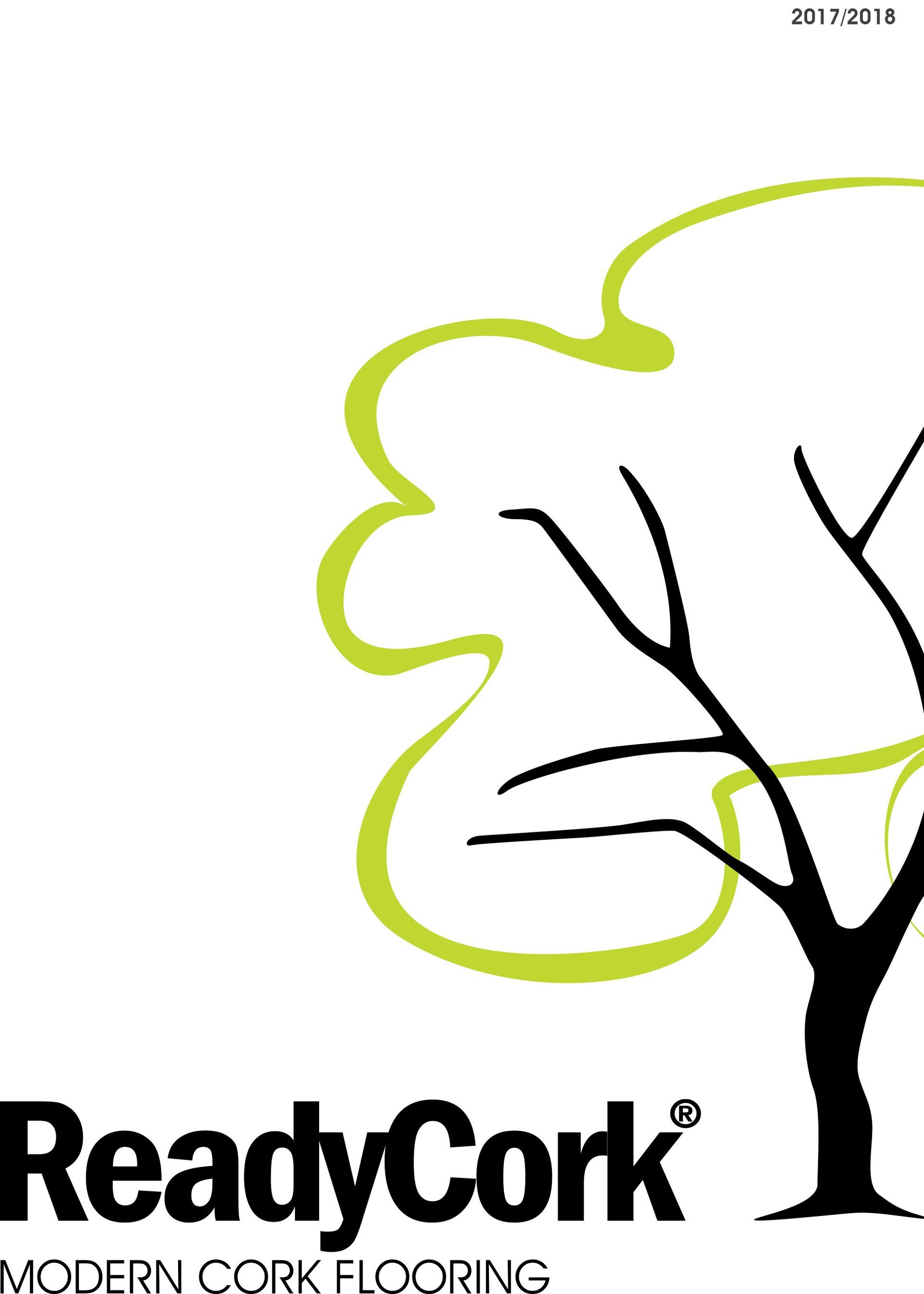 ReadyCork modern cork flooring logo featuring a black tree outline with a green, leafy crown.