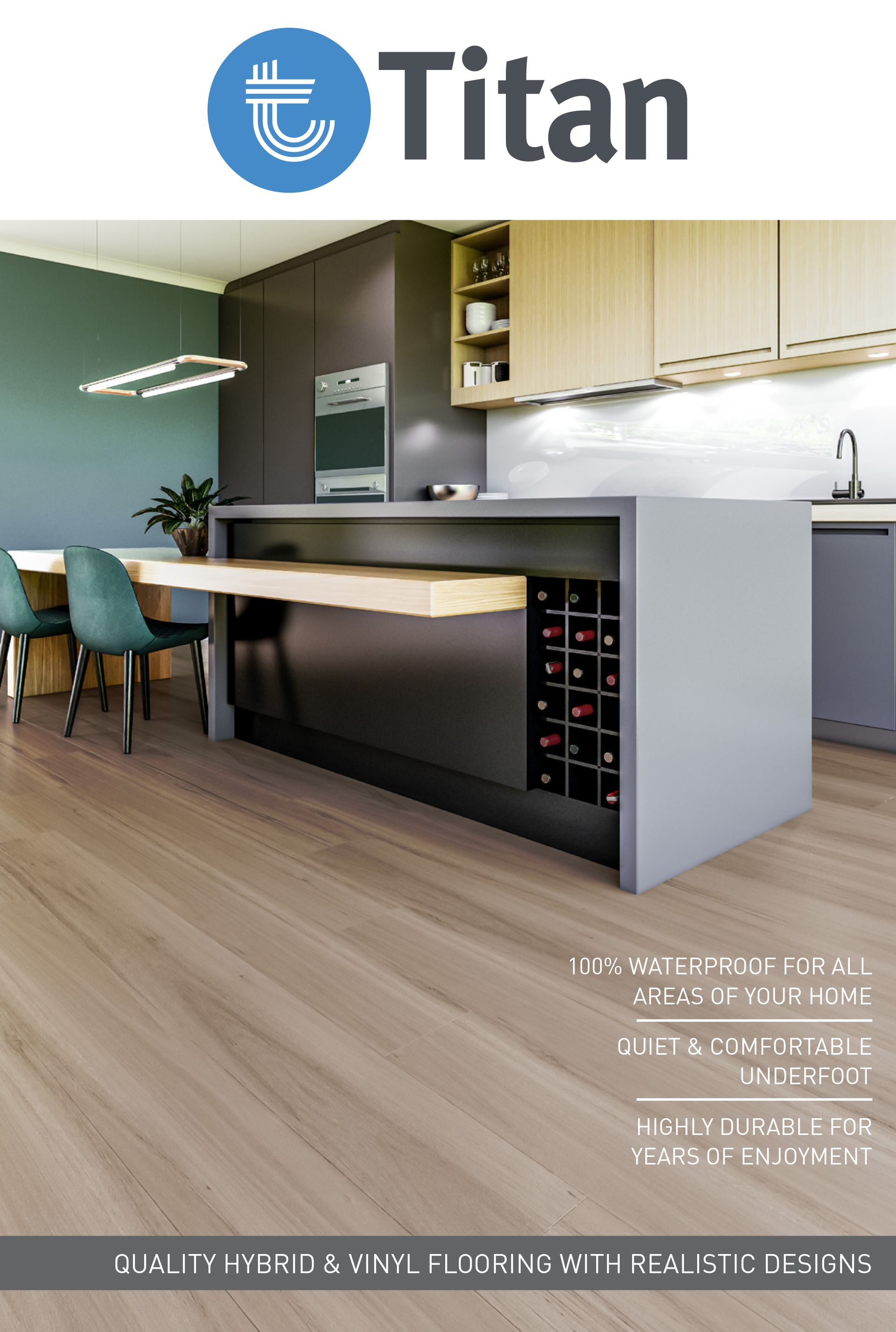 Titan flooring ad: Modern kitchen with island and dining extension. Light wood floor, wine rack, gray cabinets.