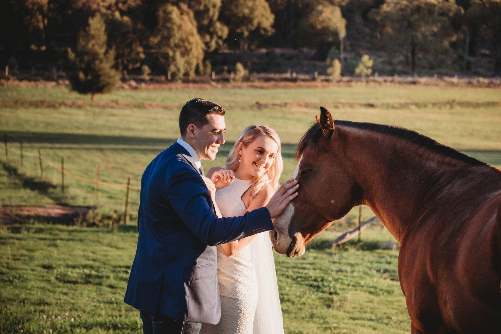 Greenvalley Barn Bride and Groom Petting a Horse