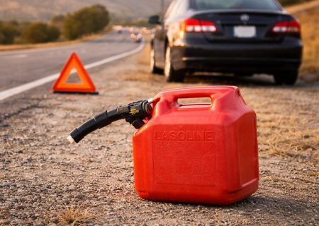Red gas can on roadside beside car and warning triangle.