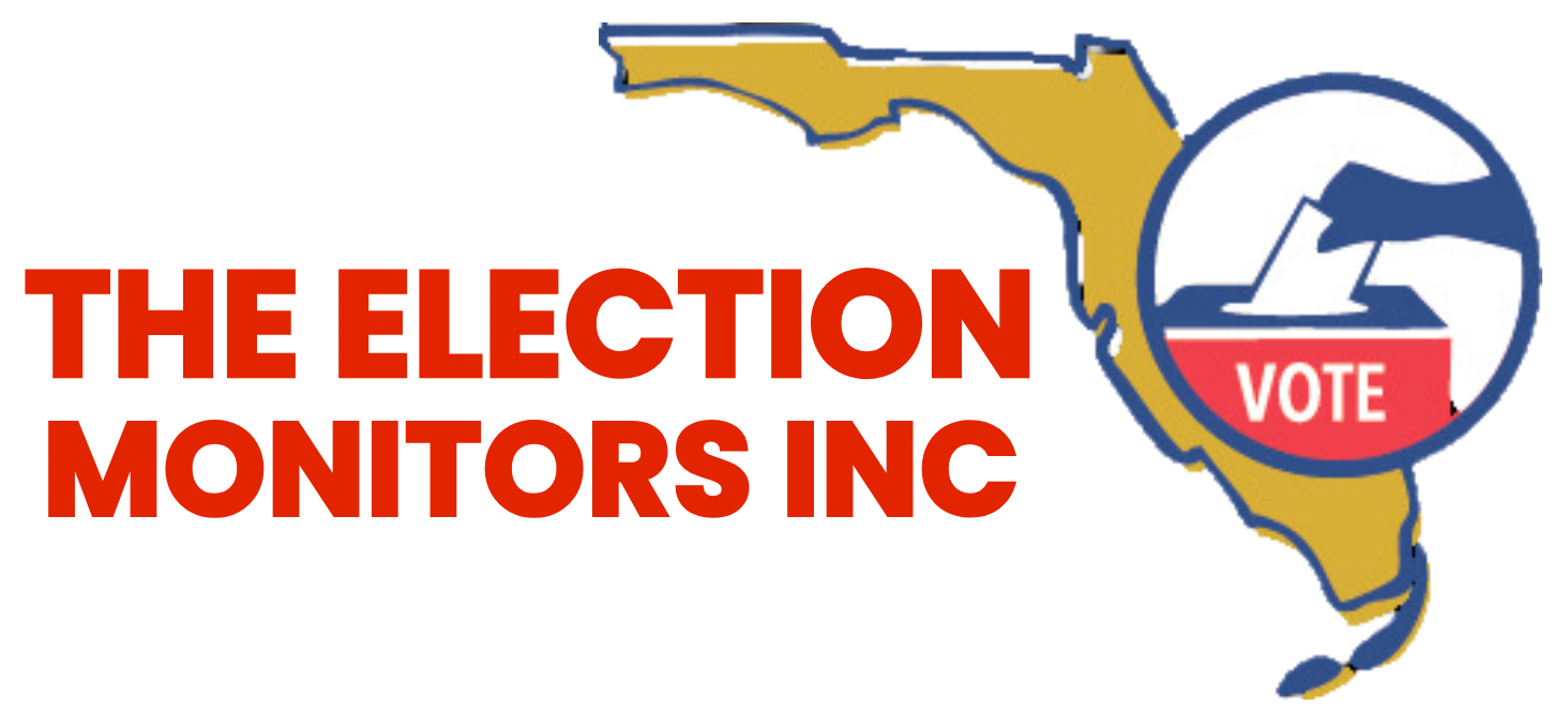 A logo for the election monitors LLC with a map of Florida