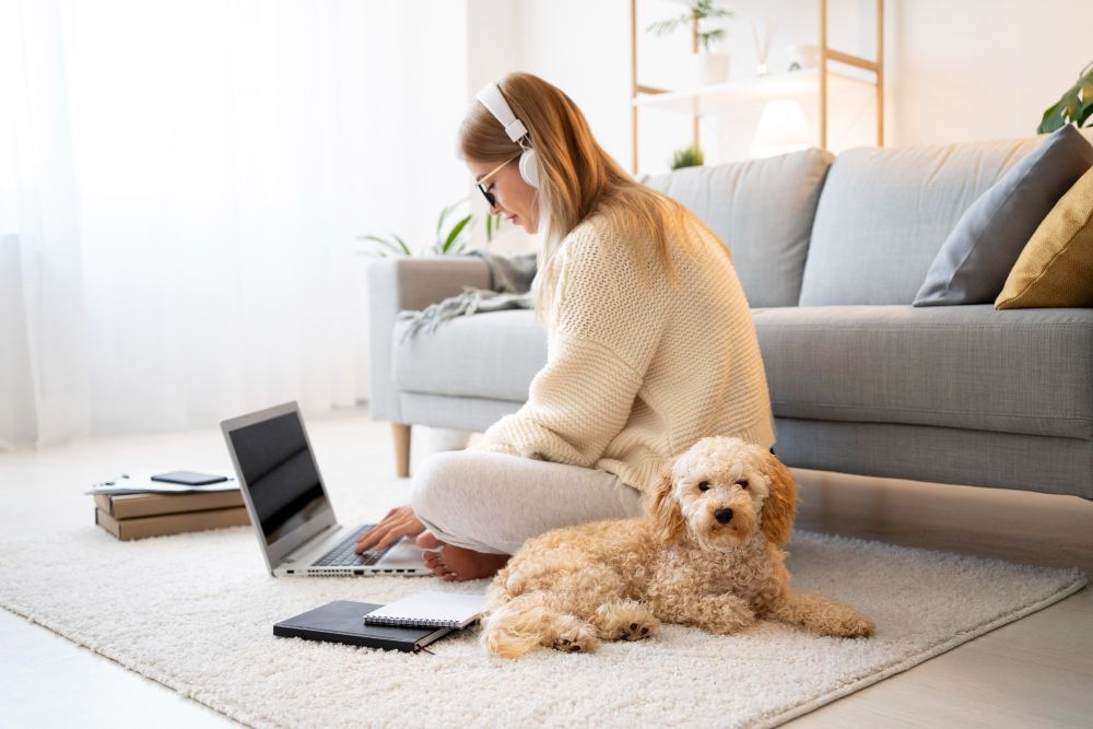 Person using a laptop on a rug beside a tan dog in a bright living room