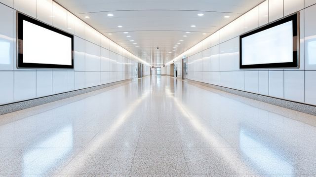 Bright empty airport corridor with glossy floors and blank digital screens on both sides