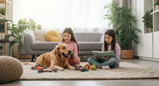Two children on a rug with a golden retriever in a bright living room, one reading and one using a tablet