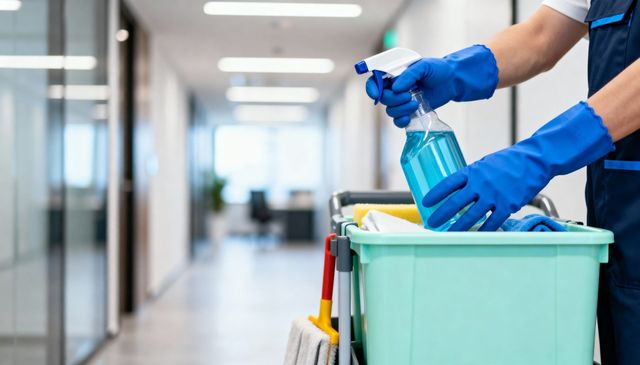 Gloved hands spraying cleaner on a teal janitorial cart in a hospital hallway