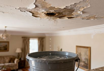 Bucket catching water dripping from a damaged ceiling in a living room