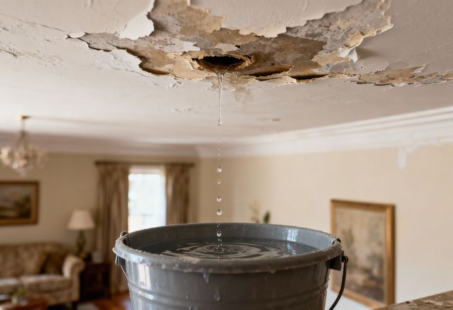 Bucket catching water dripping from a damaged ceiling in a living room