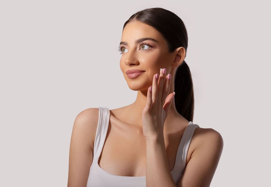 Woman applying cream to her face, looking away, wearing a white tank top.