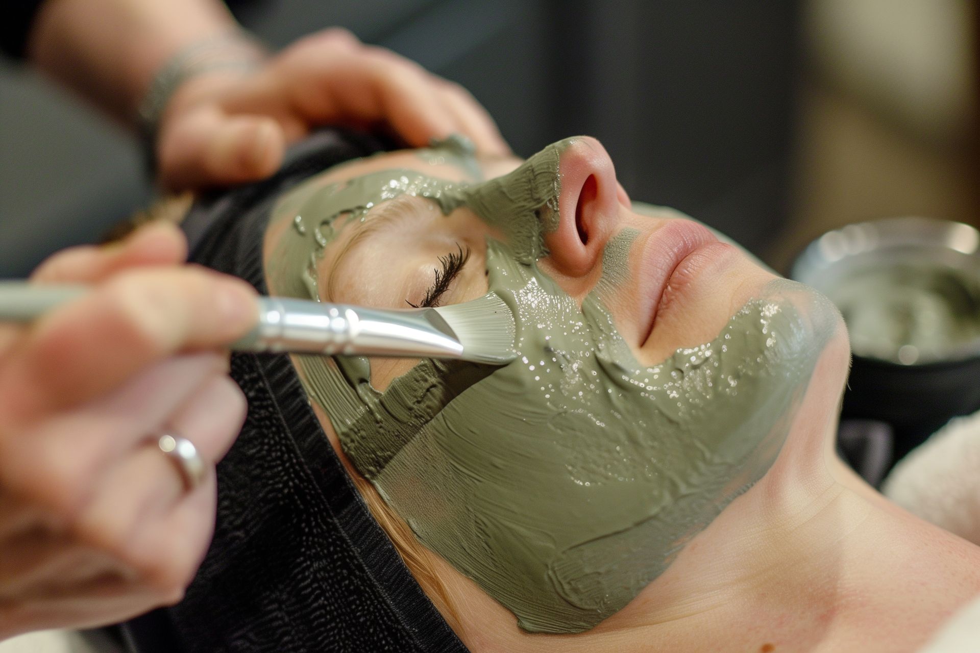 Person receiving a facial mask application. A brush applies grey mud to the face in a spa-like setting.