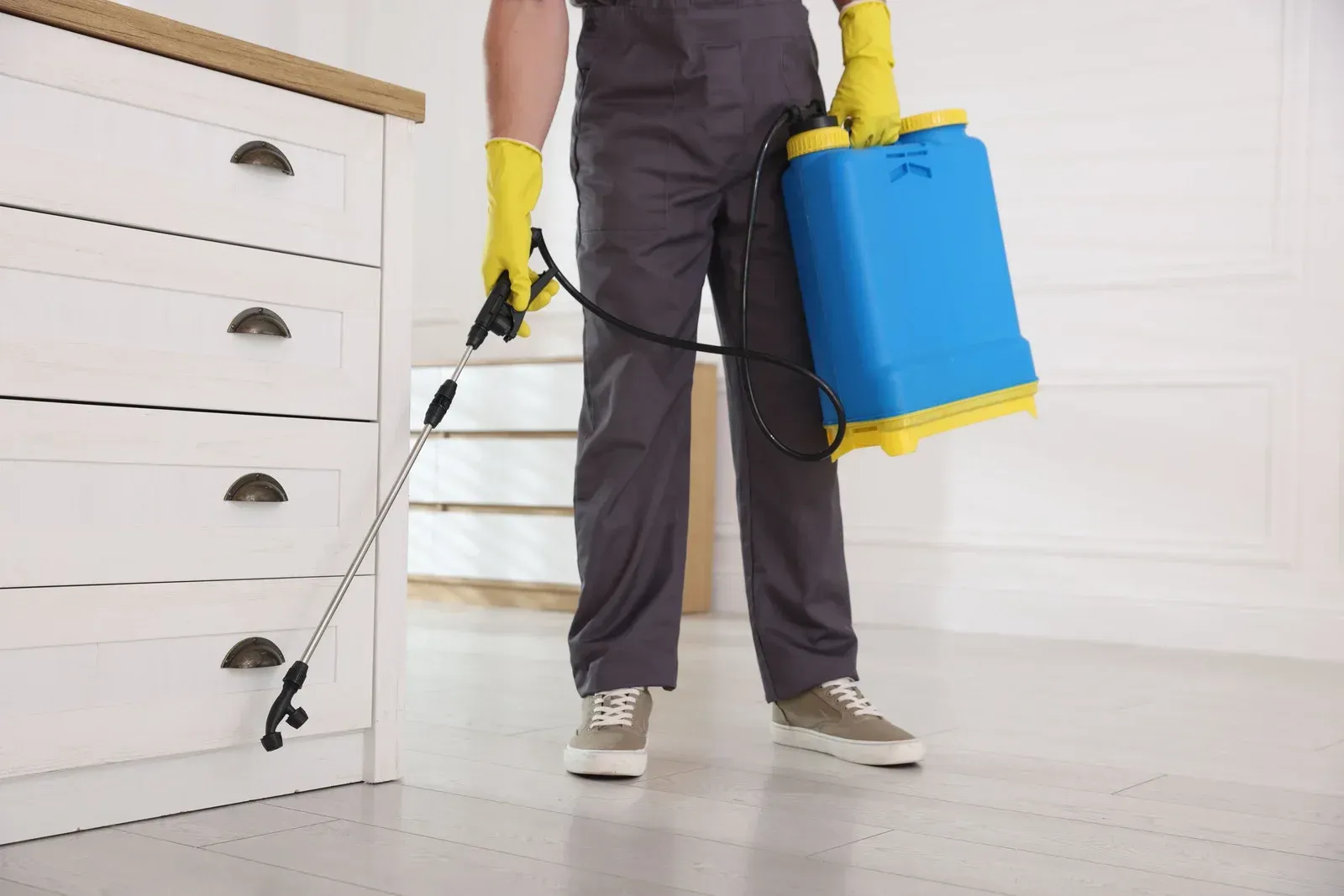 A worker in a gray jumpsuit and yellow gloves uses a handheld sprayer to treat a white dresser against pests.