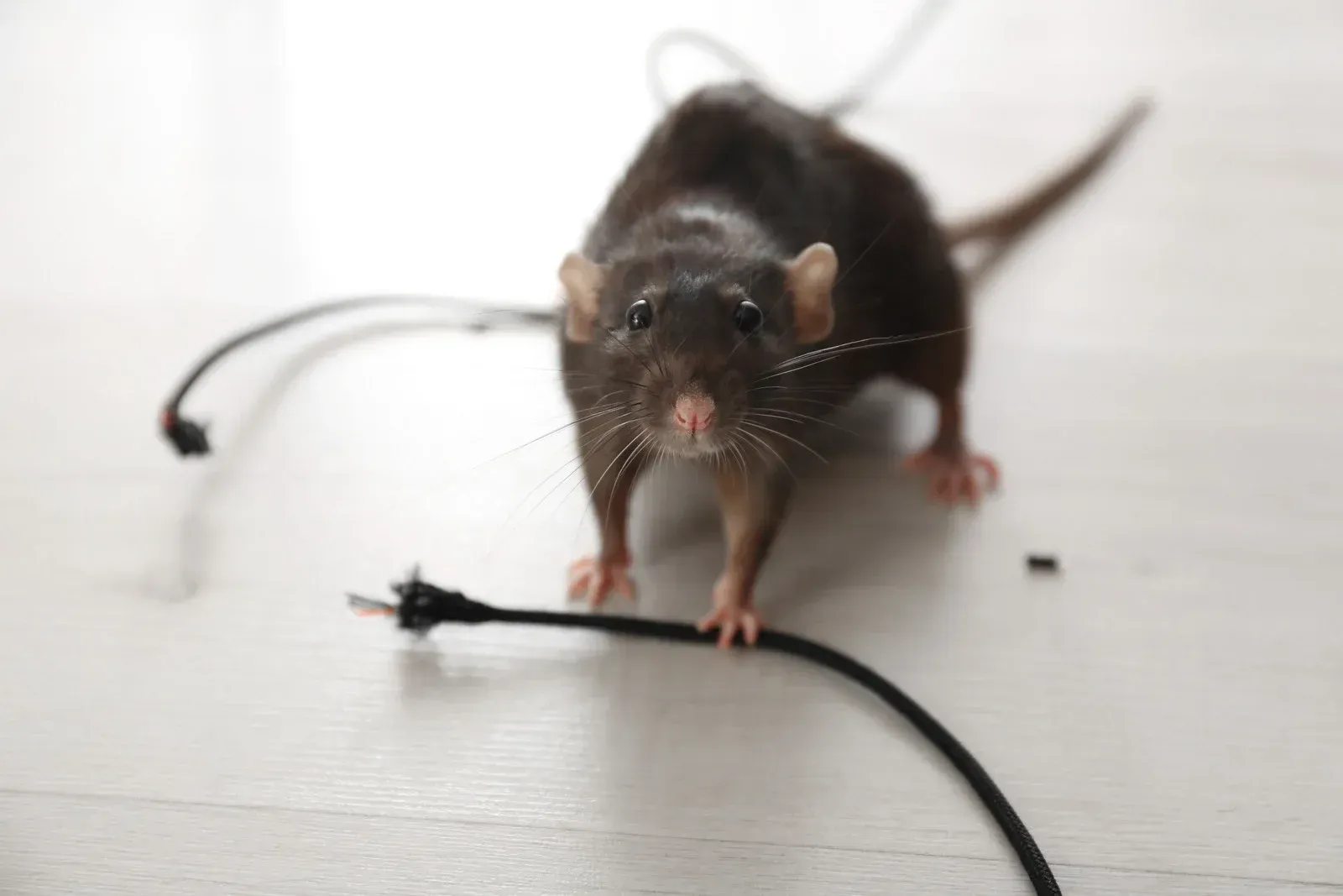 A dark brown rat standing on a light floor, looking at the camera with a black electrical cord near its paws.
