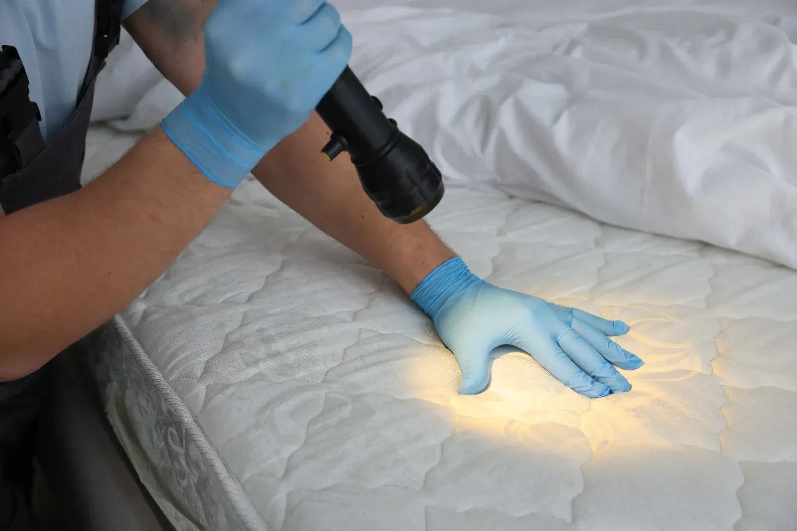 A person wearing blue gloves inspects a white mattress with a flashlight.