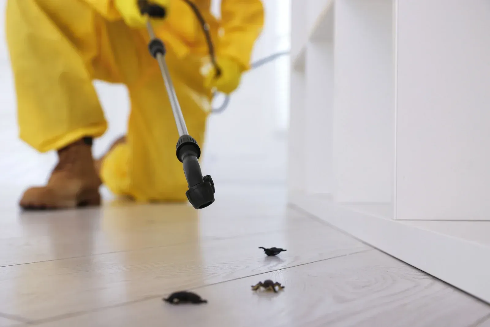 A person in a yellow protective suit kneels on a light-colored floor, spraying insects with a pesticide wand.