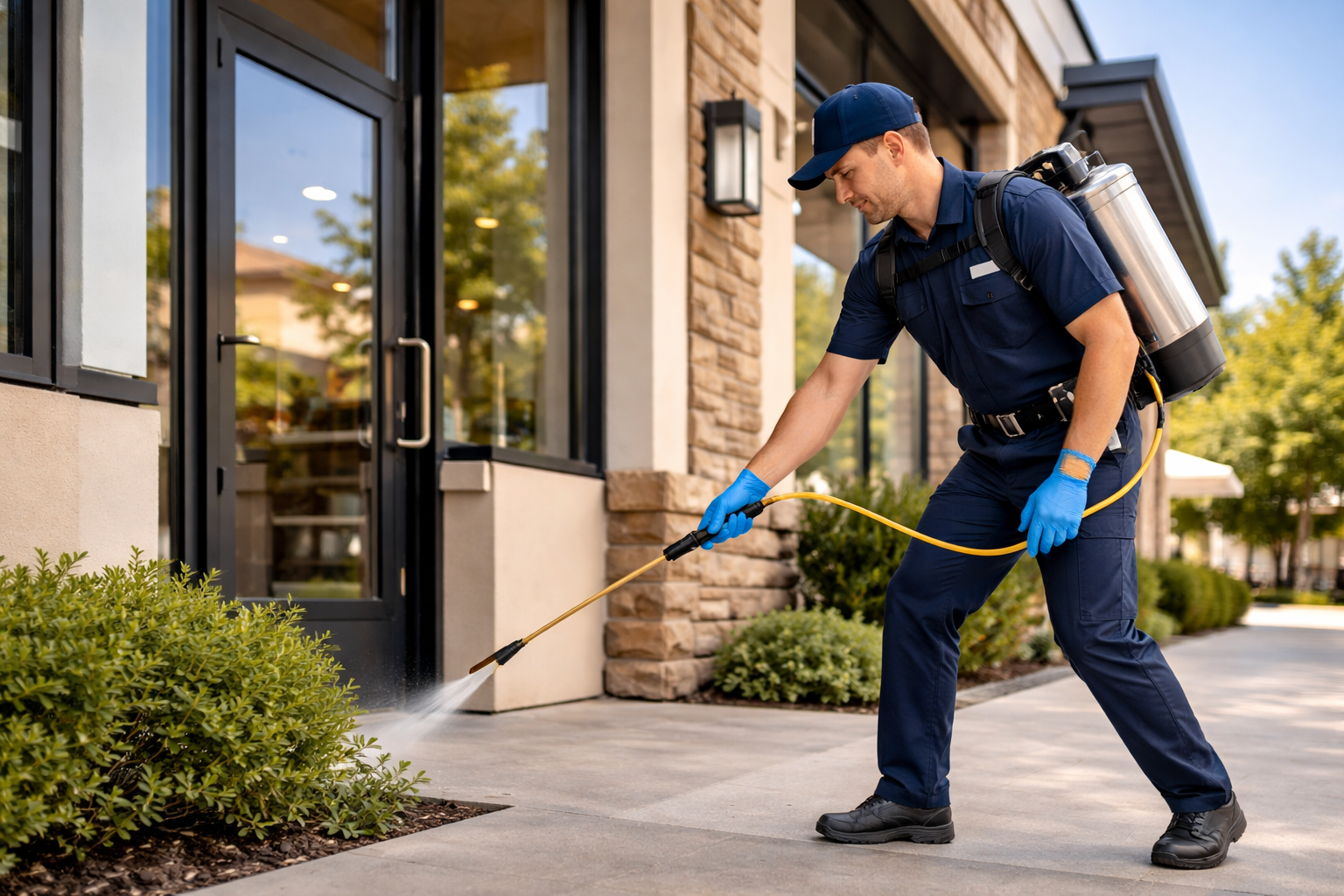 A narrow commercial kitchen with stainless steel equipment, tiled floors, and appliances wrapped in protective plastic.
