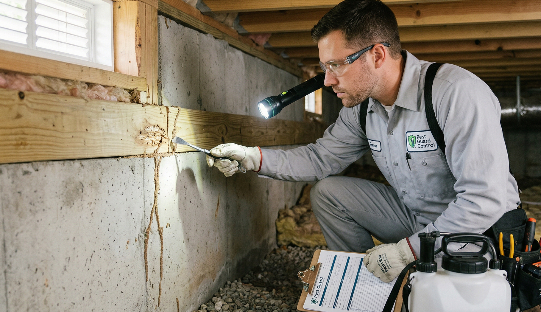Close-up of a wall surface with significant termite damage, showing chewed channels and exposed underlying material.