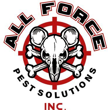 Logo for All Force Pest Solutions, featuring a rodent skull and crossbones inside a red target against a white background.