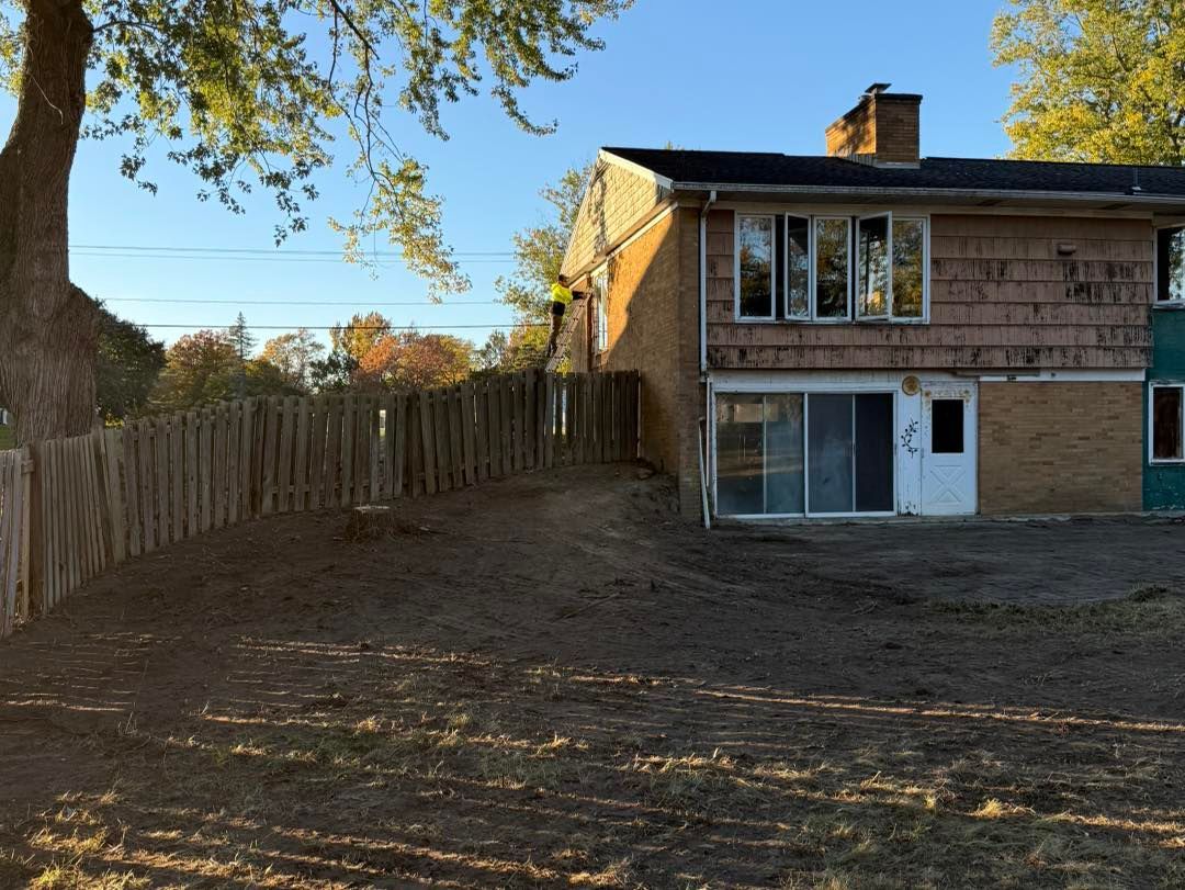 Orange skid steer clearing brush in a wooded area.