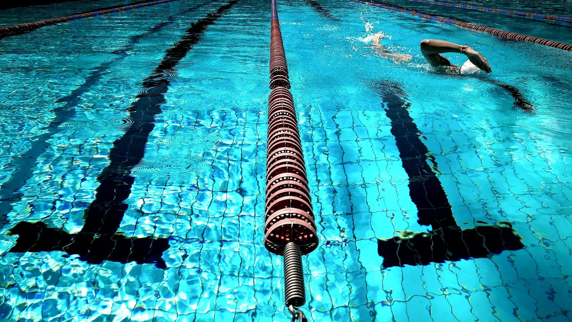 Swimming pool lane divider in bright blue water, with lane markings and a swimmer on the right.
