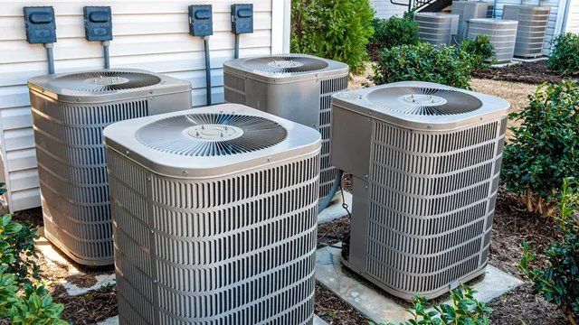 Four gray air conditioning units outside a building, surrounded by bushes. Power boxes are mounted on the wall above them.
