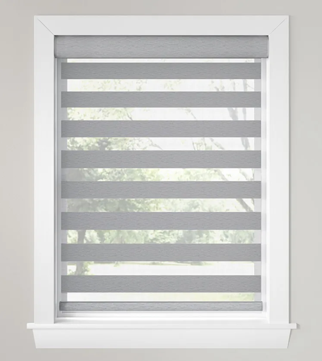 A window with a gray striped blind on it.