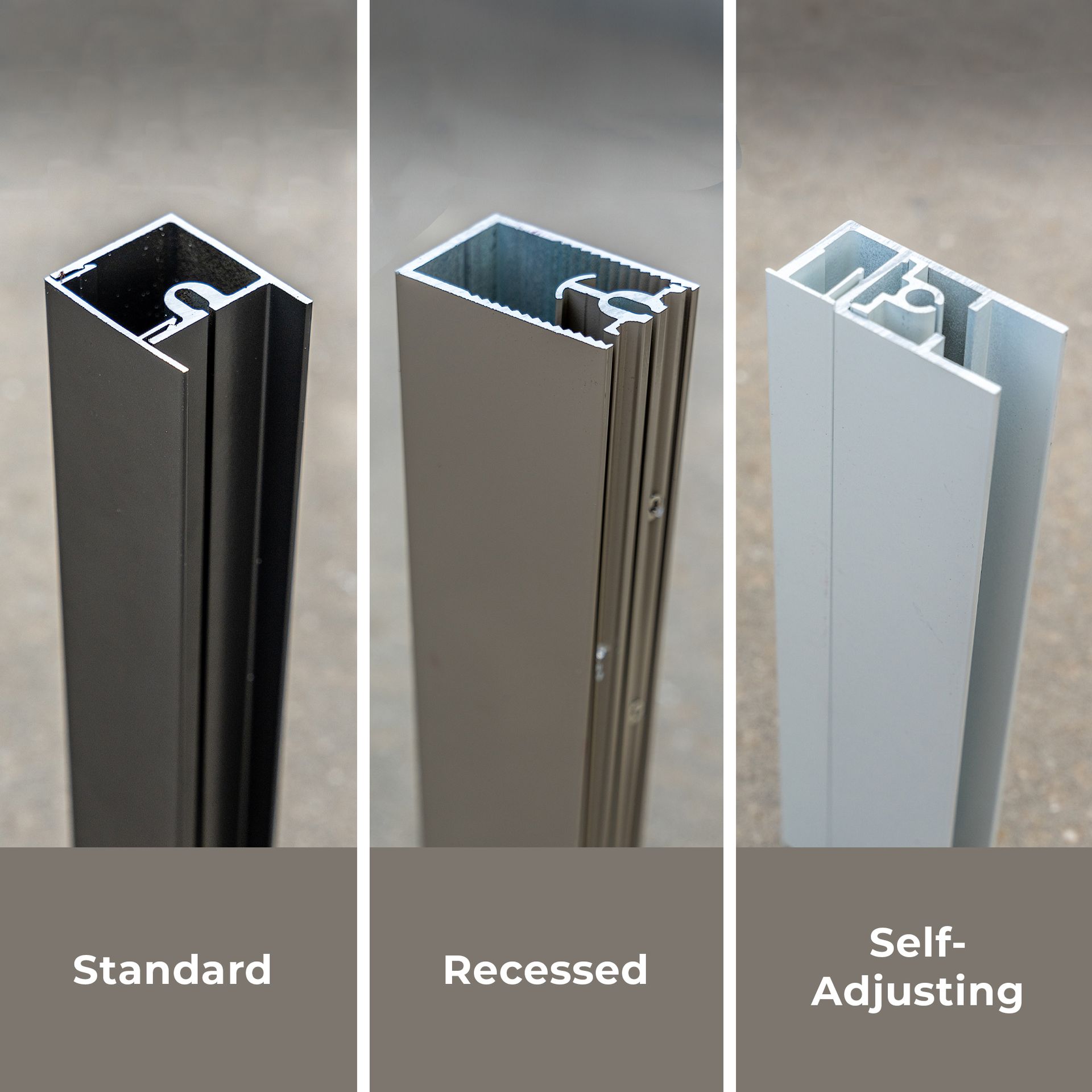 Three different types of aluminum frames are shown including standard recessed and self adjusting