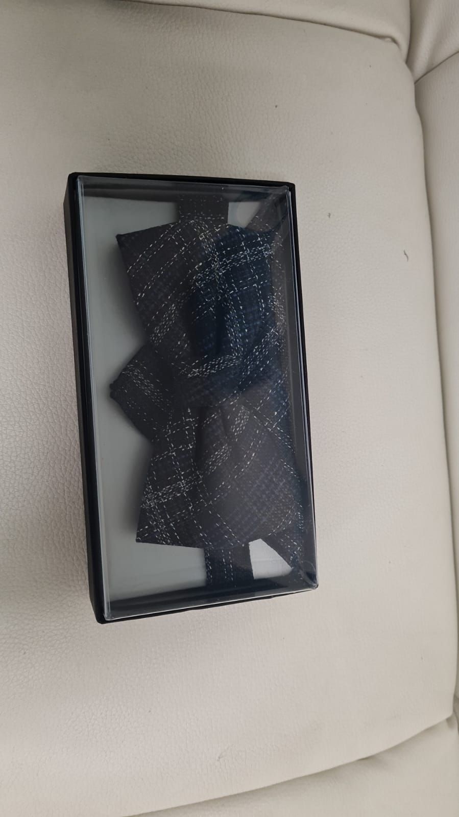 Eine schwarze Fliege liegt in einer Schachtel auf einem weißen Sofa.