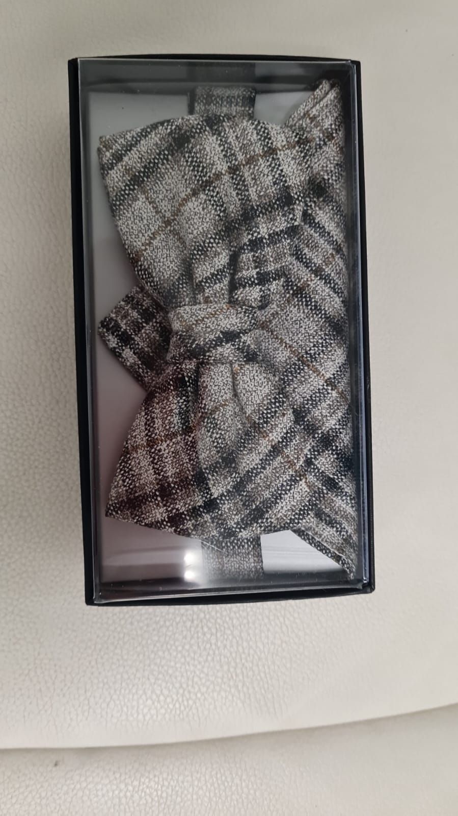 Eine Fliege und ein Einstecktuch befinden sich in einer Schachtel.