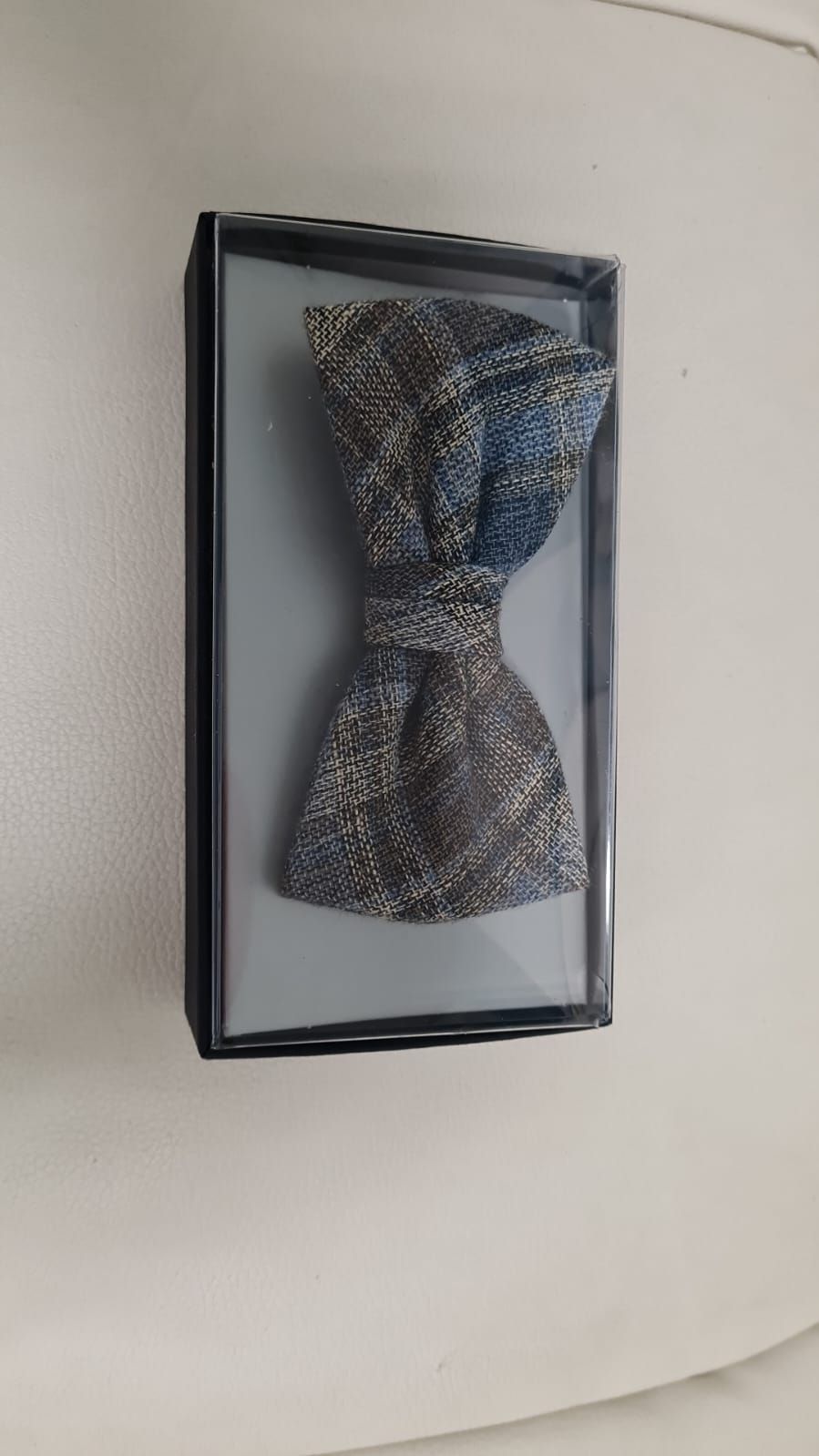 Eine Fliege liegt in einer Schachtel auf einer weißen Fläche.