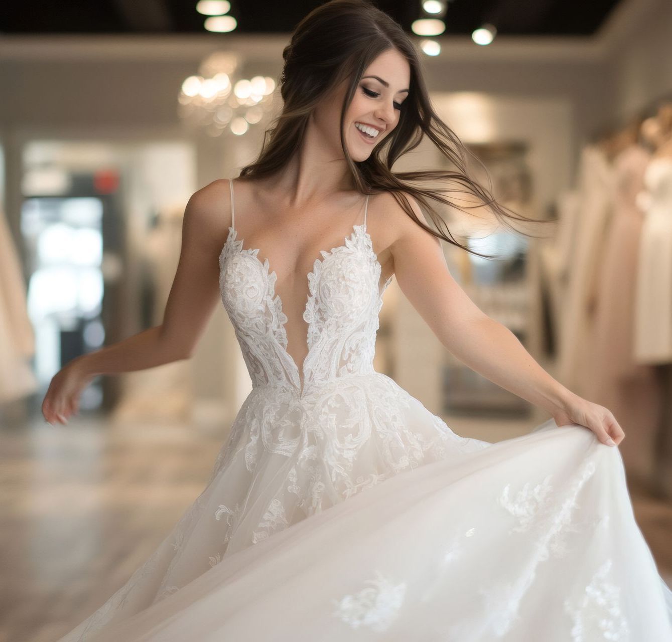 Eine Frau in einem Brautkleid tanzt in einem Geschäft