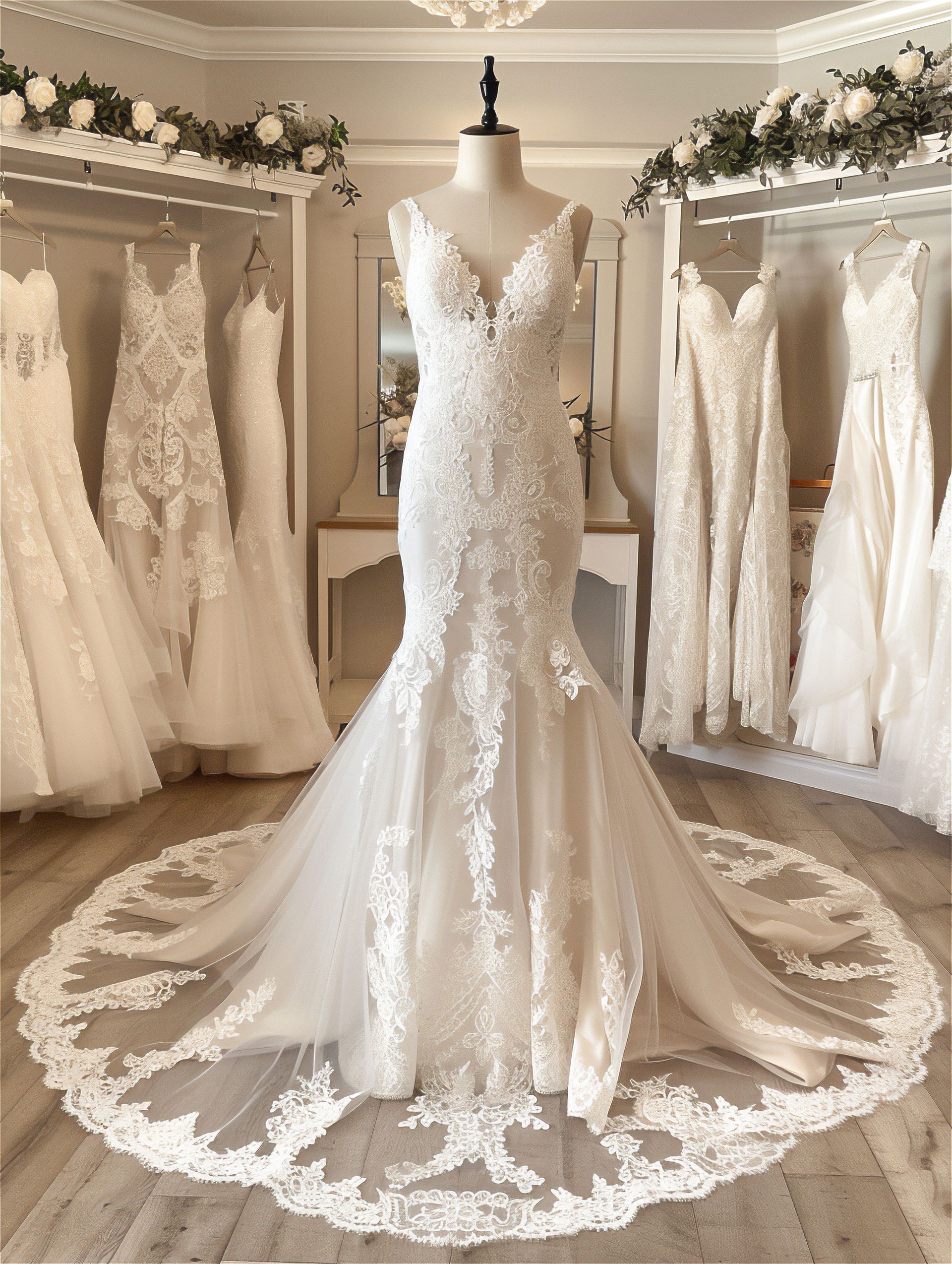 In einem Brautmodengeschäft hängt ein Brautkleid an einer Schaufensterpuppe.