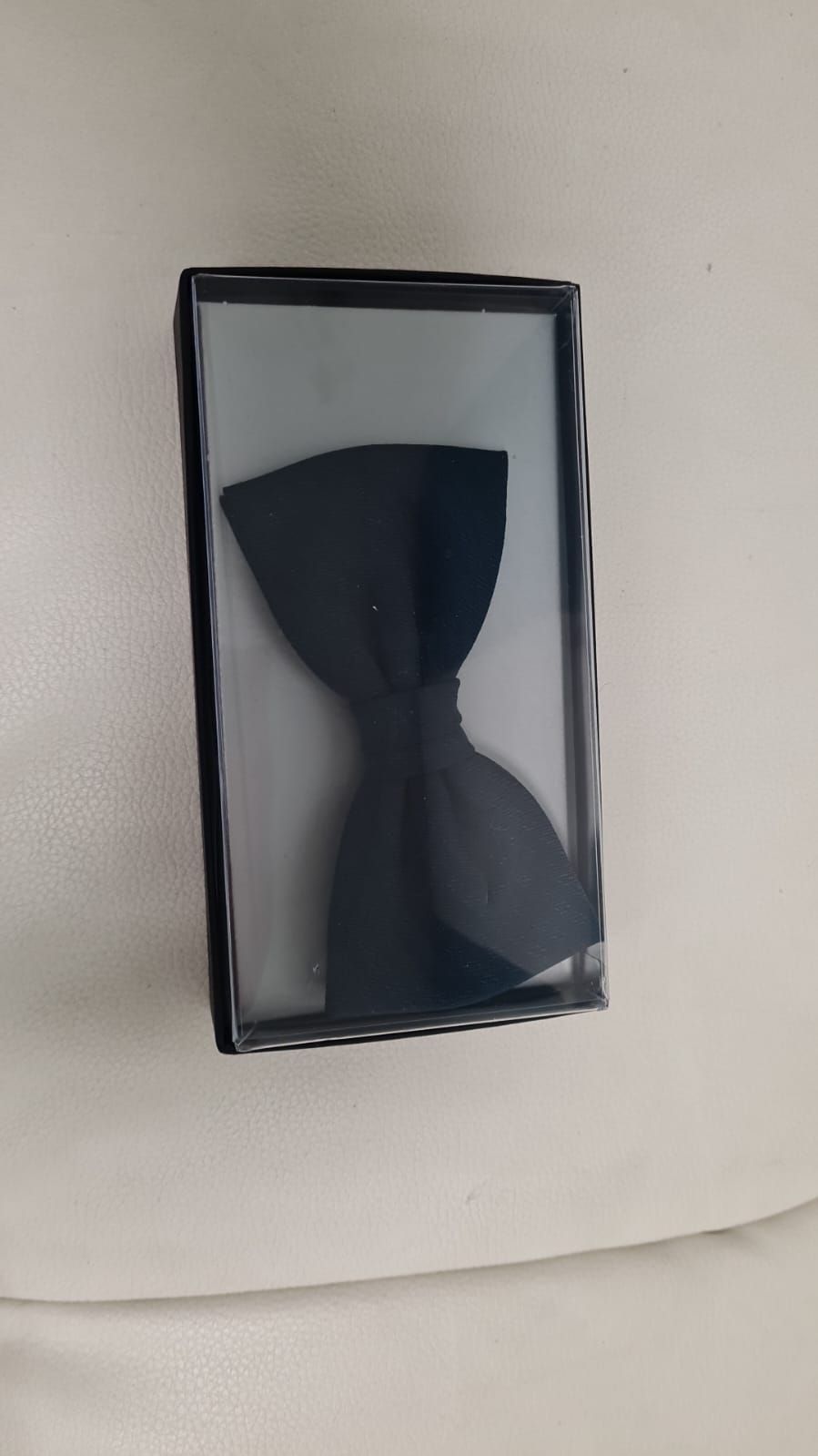 Eine schwarze Fliege liegt in einer Schachtel auf einer weißen Fläche.