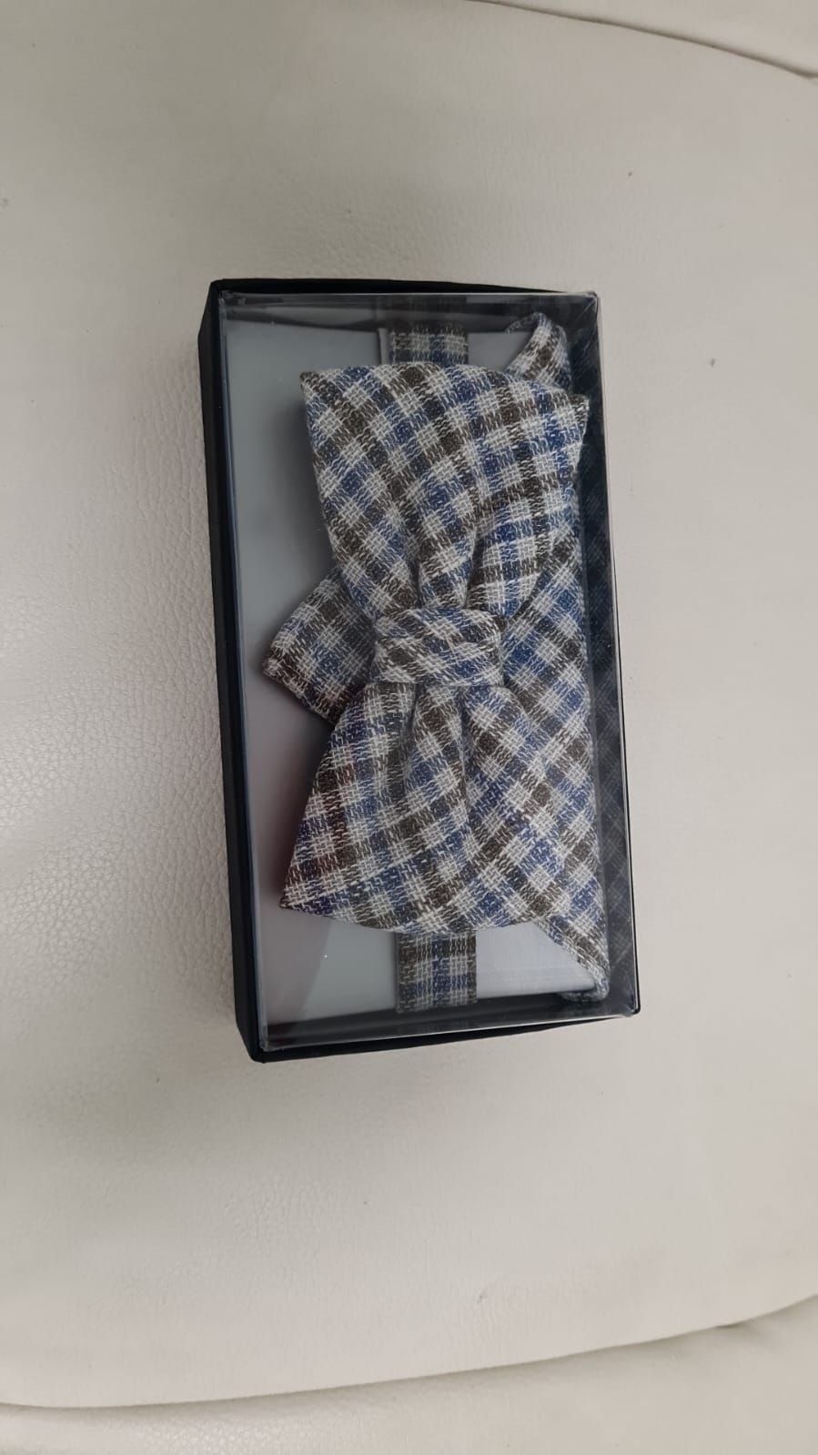 Eine Fliege liegt in einer Schachtel auf einem weißen Sofa.