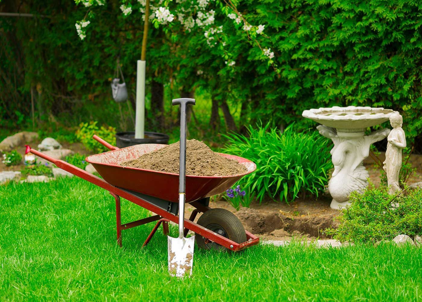A wheelbarrow filled with dirt and a shovel in a garden.