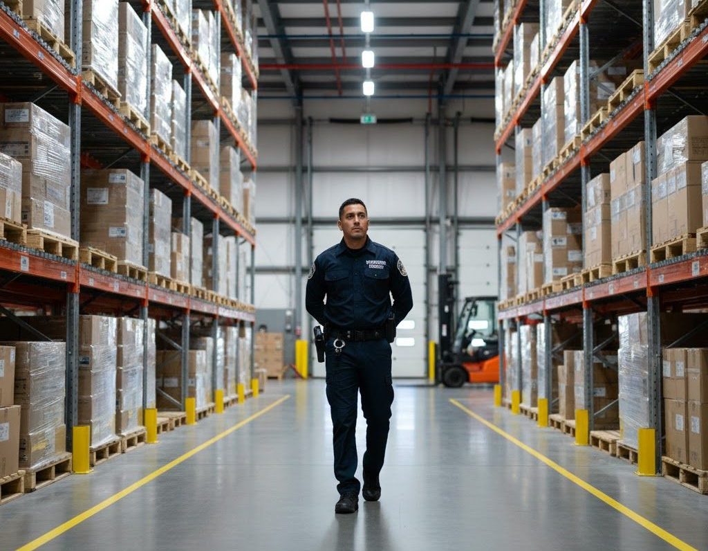 Industrial security guard patrolling a Sioux Falls warehouse facility